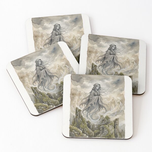 Item preview, Bean Sidhe in the  Mist of the Castle creature of folklore watercolor artwork illustration designed and sold by Vintage Designs +.
