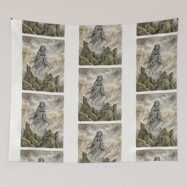 Item preview, Bean Sidhe in the  Mist of the Castle creature of folklore watercolor artwork illustration designed and sold by Vintage Designs +.