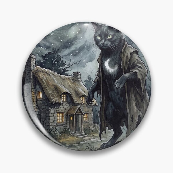 Item preview, Cat of Sith at the Night Cottage creature of folklore watercolor artwork illustration designed and sold by Vintage Designs +.