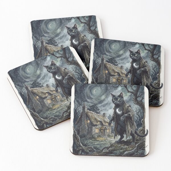 Item preview, Cat of Sith at the Night Cottage creature of folklore watercolor artwork illustration designed and sold by Vintage Designs +.