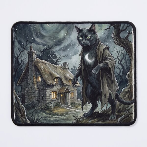 Item preview, Cat of Sith at the Night Cottage creature of folklore watercolor artwork illustration designed and sold by Vintage Designs +.