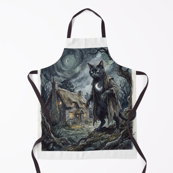Item preview, Cat of Sith at the Night Cottage creature of folklore watercolor artwork illustration designed and sold by Vintage Designs +.