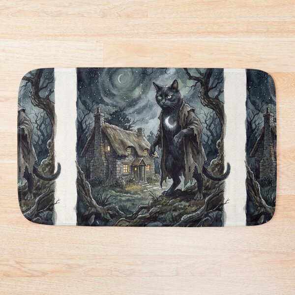 Item preview, Cat of Sith at the Night Cottage creature of folklore watercolor artwork illustration designed and sold by Vintage Designs +.