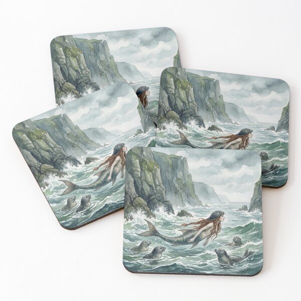 Item preview, Merrow  (Mermaid) on the Cliffs creature of folklore watercolor artwork illustration designed and sold by Vintage Designs +.