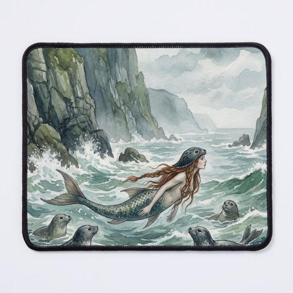 Item preview, Merrow  (Mermaid) on the Cliffs creature of folklore watercolor artwork illustration designed and sold by Vintage Designs +.