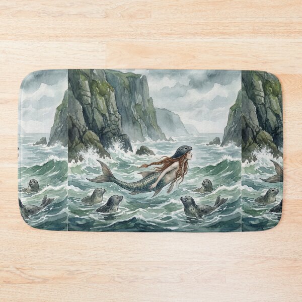 Item preview, Merrow  (Mermaid) on the Cliffs creature of folklore watercolor artwork illustration designed and sold by Vintage Designs +.