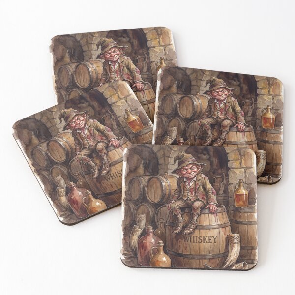 Item preview, Clurichaun in a Whiskey Cellar  Prankster creature of folklore watercolor artwork illustration designed and sold by Vintage Designs +.