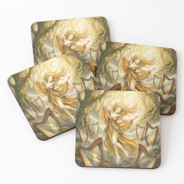 Item preview, Golden Tylwyth Teg Dancing creature of folklore watercolor artwork illustration designed and sold by Vintage Designs +.