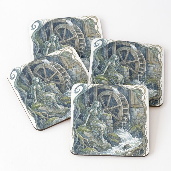 Item preview, Nixie by a Mill Wheel creature of folklore watercolor artwork illustration designed and sold by Vintage Designs +.