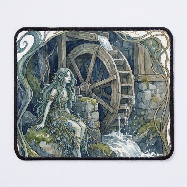 Item preview, Nixie by a Mill Wheel creature of folklore watercolor artwork illustration designed and sold by Vintage Designs +.