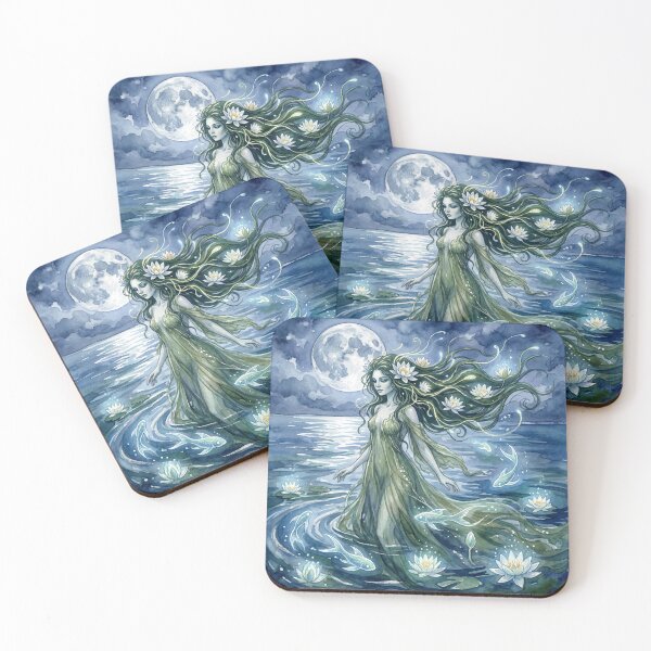 Item preview, Rusalka Moonlit Emergence creature of folklore watercolor artwork illustration designed and sold by Vintage Designs +.