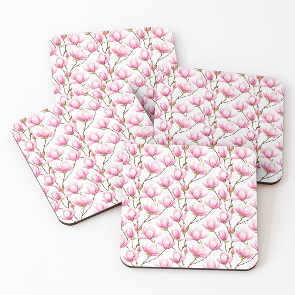 Item preview, The image features a seamless pattern of watercolor magnolias in full bloom and budding stages, set against a white backdrop with branches adding an organic touch to the design.	 designed and sold by rujlaphusstudio.