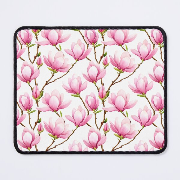 Item preview, The image features a seamless pattern of watercolor magnolias in full bloom and budding stages, set against a white backdrop with branches adding an organic touch to the design. designed and sold by rujlaphusstudio.