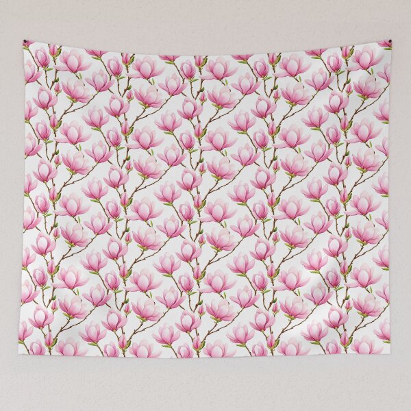 Item preview, The image features a seamless pattern of watercolor magnolias in full bloom and budding stages, set against a white backdrop with branches adding an organic touch to the design.	 designed and sold by rujlaphusstudio.