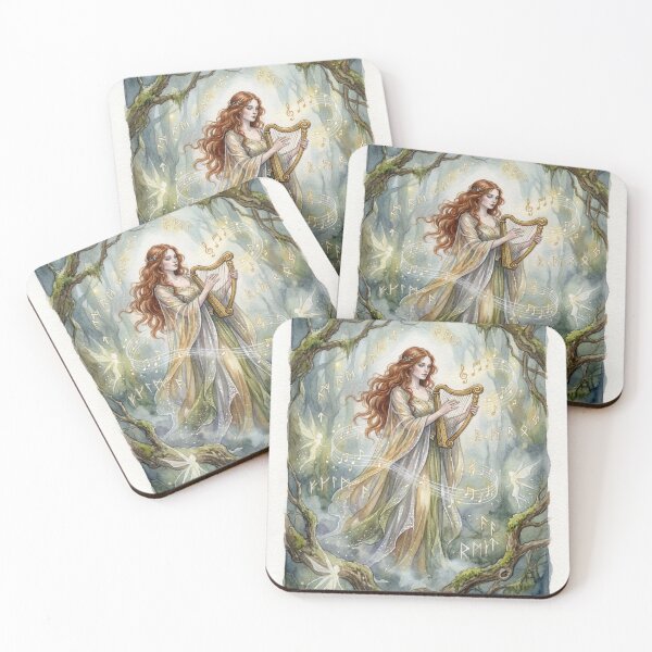 Item preview, Sidhe with a Harp creature of folklore watercolor artwork illustration designed and sold by Vintage Designs +.
