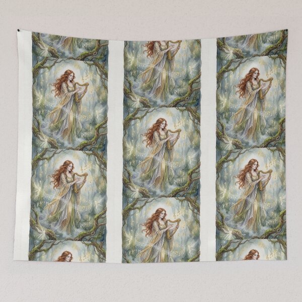 Item preview, Sidhe with a Harp creature of folklore watercolor artwork illustration designed and sold by Vintage Designs +.