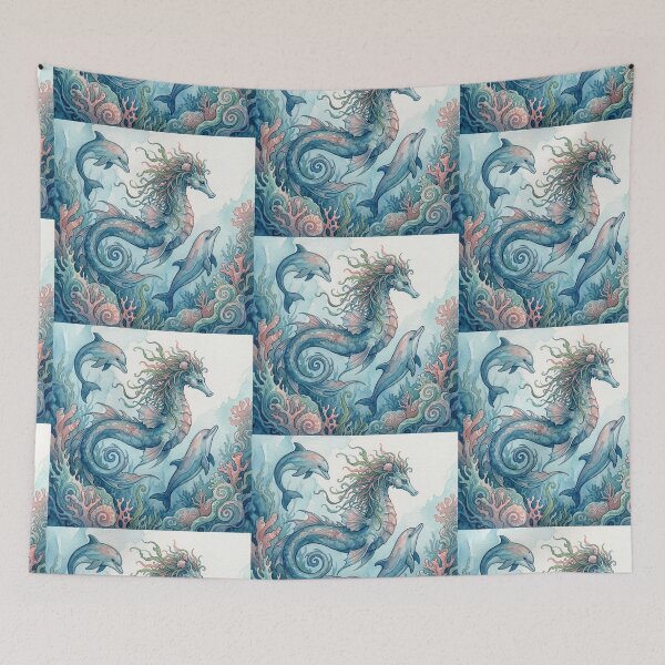 Item preview, Hippocampus creature of folklore watercolor artwork illustration designed and sold by Vintage Designs +.