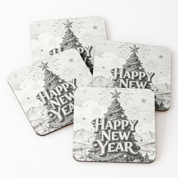 Item preview, Vintage Happy New Year Engraving Art | Retro Christmas Tree Celebration Sketch | Black and White Holiday Line Drawing designed and sold by Cherrydora.