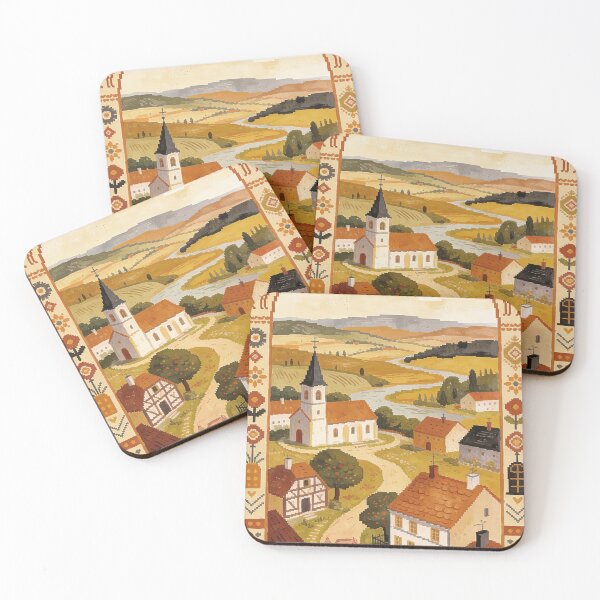 Item preview, Folk Art Village Painting | Cottagecore Farmhouse Scene | Retro Cross Stitch Embroidery Aesthetic designed and sold by Cherrydora.