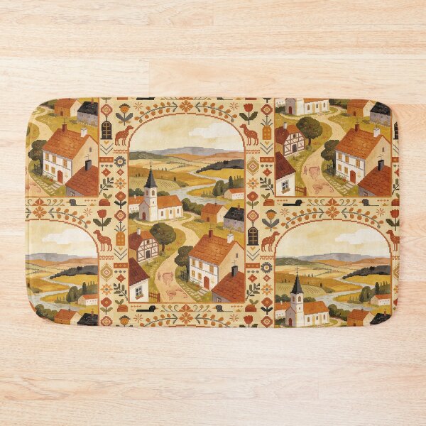 Item preview, Folk Art Village Painting | Cottagecore Farmhouse Scene | Retro Cross Stitch Embroidery Aesthetic designed and sold by Cherrydora.