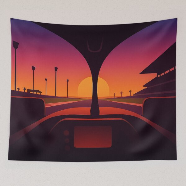 Artikelvorschau, F1-Cockpitansicht bei Sonnenuntergang – Minimalistische POV-Kunst aus dem Formel-Rennsport entworfen und verkauft von MuseAI.