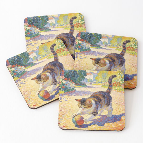 Item preview, Vintage Pointillism Cat Art Print | Vibrant Calico Kitten Playing in Sunny Garden | Neo Impressionism Wall Decor designed and sold by Cherrydora.