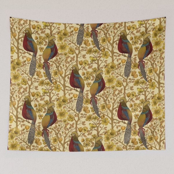 Artikelvorschau, Vintage-Muster mit Goldfasan und Blumen entworfen und verkauft von ReaDillo.