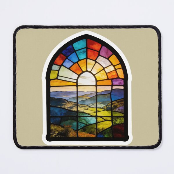 Item preview, Vintage Stained Glass Window Art | Vibrant Sunset Mountain Valley Decal | Maximalist Gothic Aesthetic Decor designed and sold by Cherrydora.