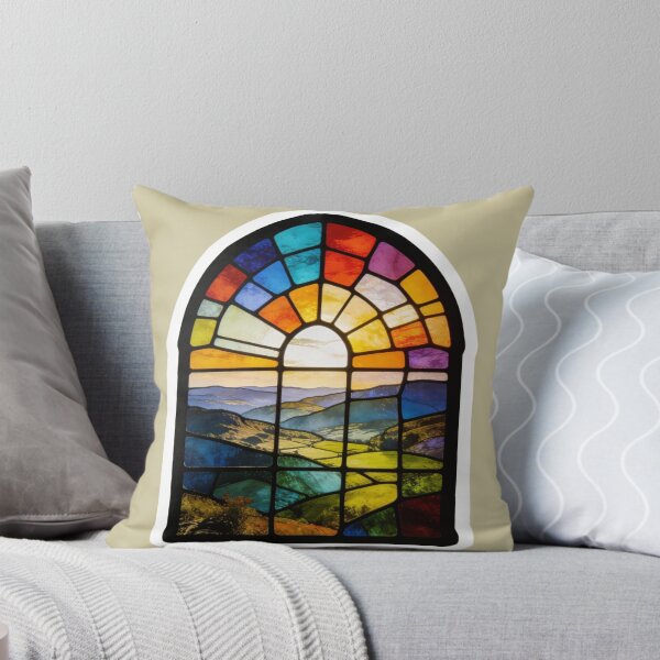 Item preview, Vintage Stained Glass Window Art | Vibrant Sunset Mountain Valley Decal | Maximalist Gothic Aesthetic Decor designed and sold by Cherrydora.