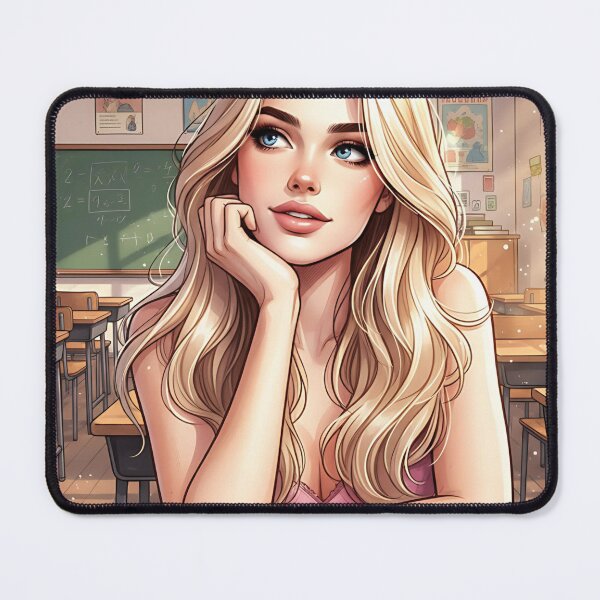 Item preview, Cute Blonnde Girl Thinking in a Classroom designed and sold by GlamourCutieAI.