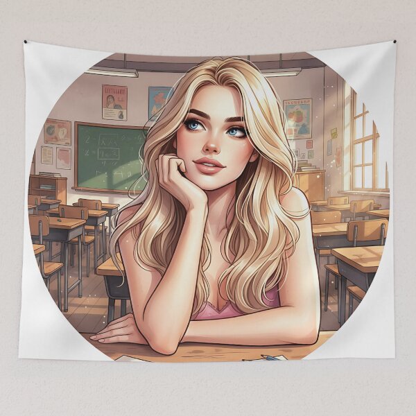 Item preview, Cute Blonnde Girl Thinking in a Classroom designed and sold by GlamourCutieAI.