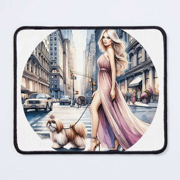 Item preview, Chic Model Walking Her Shih Tzu Dog in the City designed and sold by GlamourCutieAI.