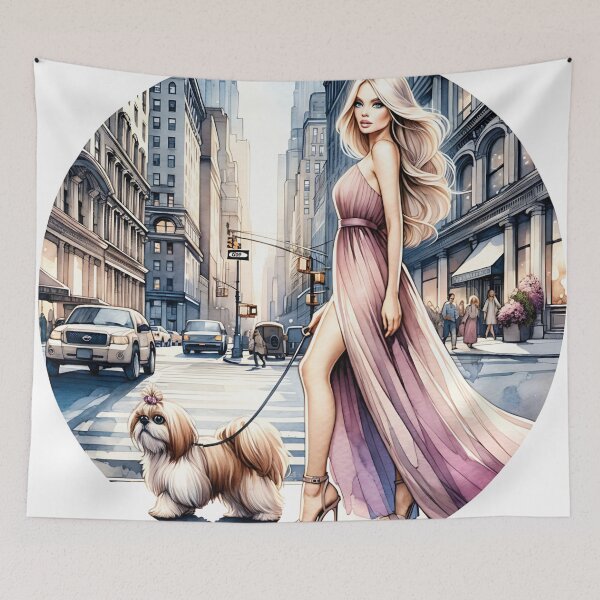 Item preview, Chic Model Walking Her Shih Tzu Dog in the City designed and sold by GlamourCutieAI.