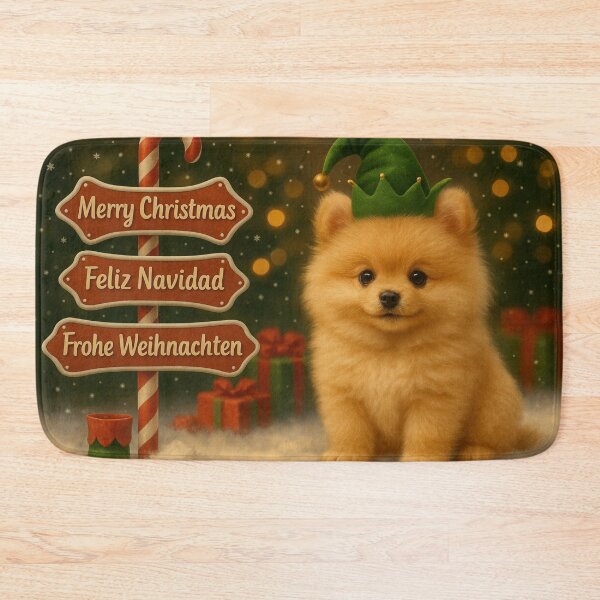 Item preview, Premium Christmas Pomeranian Puppy – Elf Hat & Gingerbread Sign designed and sold by GivingJoy.