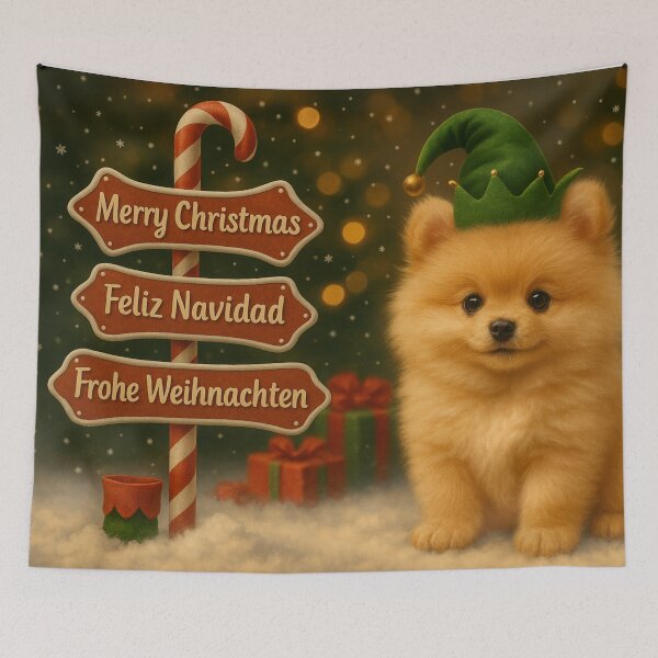 Item preview, Premium Christmas Pomeranian Puppy – Elf Hat & Gingerbread Sign designed and sold by GivingJoy.