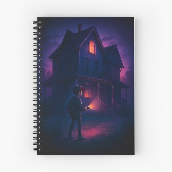 Item preview, Neon Night Mystery – Boy With Flashlight at Haunted House Illustration designed and sold by SweetandSpicylife.