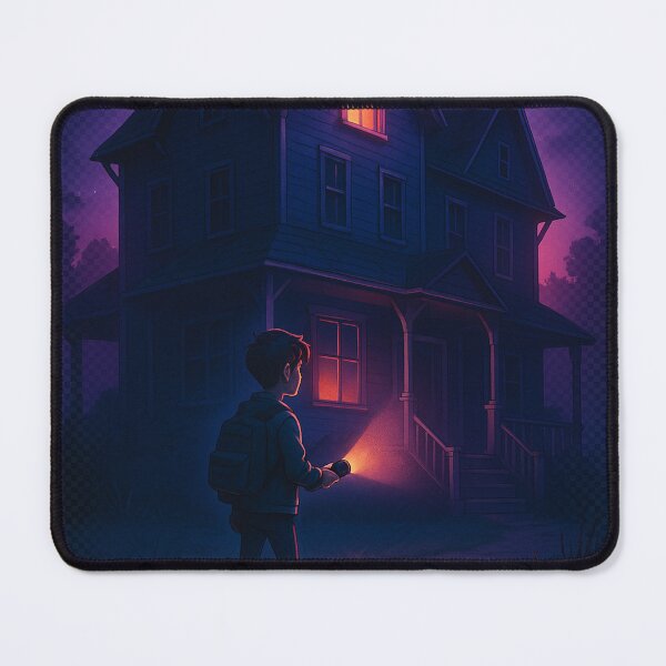Item preview, Neon Night Mystery – Boy With Flashlight at Haunted House Illustration designed and sold by SweetandSpicylife.