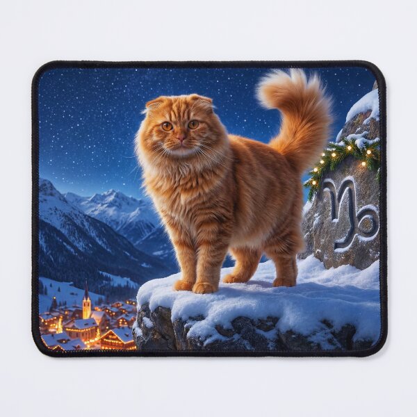 Item preview, Simba the Capricorn – Ginger Scottish Fold Cat Above a Winter Village designed and sold by Paw & Whimsy.