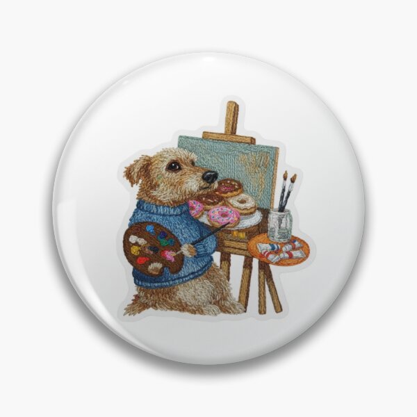 Item preview, Artist Dog Sticker – Painting Donuts Faux Patch The Donut Painter – Stitched Texture Dog Creative Pup in Blue Sweater designed and sold by Gurjeetpixelart.