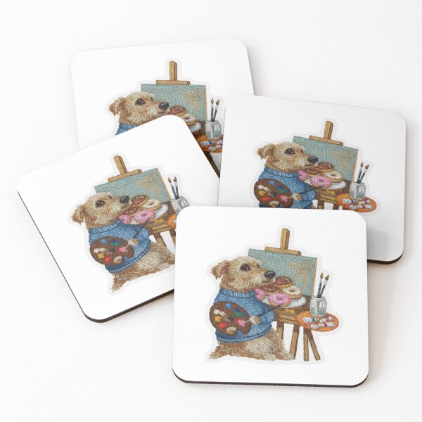 Item preview, Artist Dog Sticker – Painting Donuts Faux Patch The Donut Painter – Stitched Texture Dog Creative Pup in Blue Sweater designed and sold by Gurjeetpixelart.