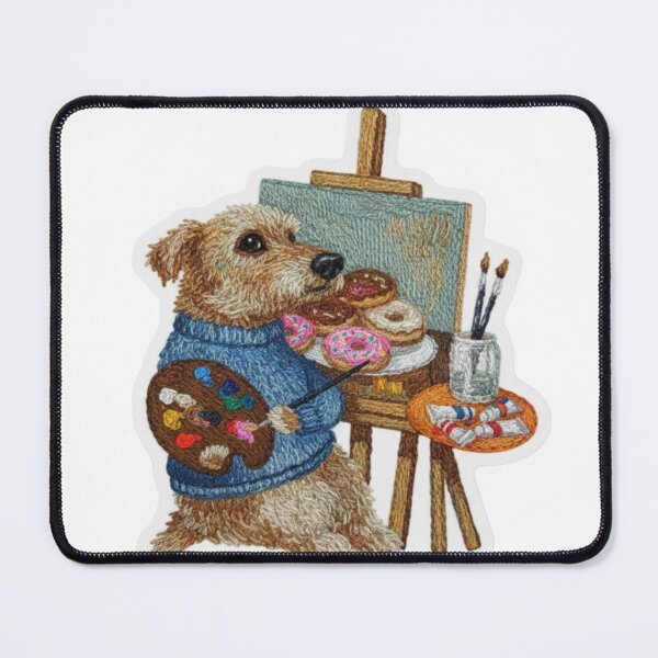 Item preview, Artist Dog Sticker – Painting Donuts Faux Patch The Donut Painter – Stitched Texture Dog Creative Pup in Blue Sweater designed and sold by Gurjeetpixelart.