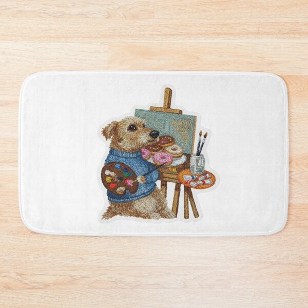 Item preview, Artist Dog Sticker – Painting Donuts Faux Patch The Donut Painter – Stitched Texture Dog Creative Pup in Blue Sweater designed and sold by Gurjeetpixelart.