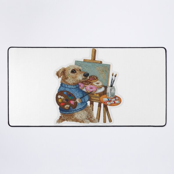 Item preview, Artist Dog Sticker – Painting Donuts Faux Patch The Donut Painter – Stitched Texture Dog Creative Pup in Blue Sweater designed and sold by Gurjeetpixelart.