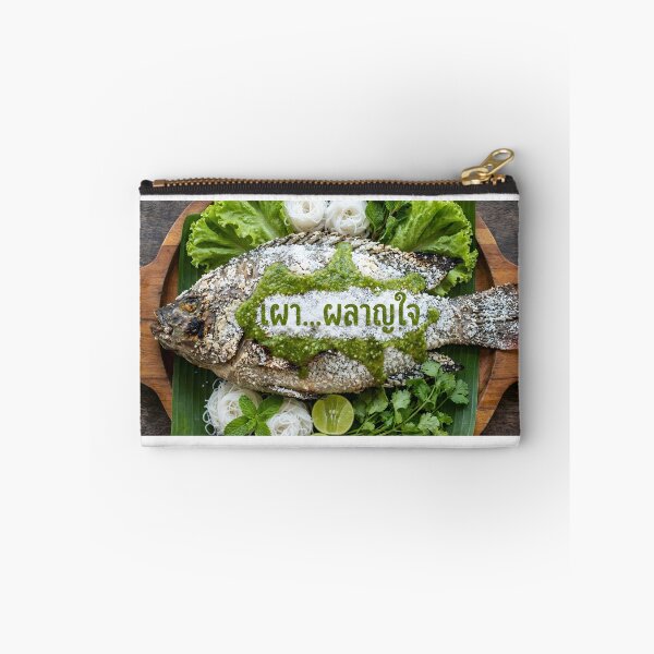 Item preview, Salt-Crusted Grilled Fish (Pla Pao) with Seafood Sauce Text designed and sold by mronsunday AI Art Studio.
