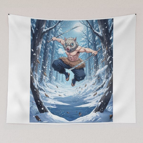Item preview, Inosuke Hashibira in the snowy forest, kimetsu no yaiba designed and sold by Innova_Creations.