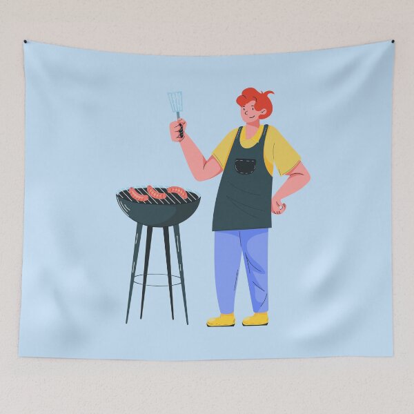 Item preview, Man Cooking Sausages on Barbecue Grill With Spatula designed and sold by Mariia Berezhna.