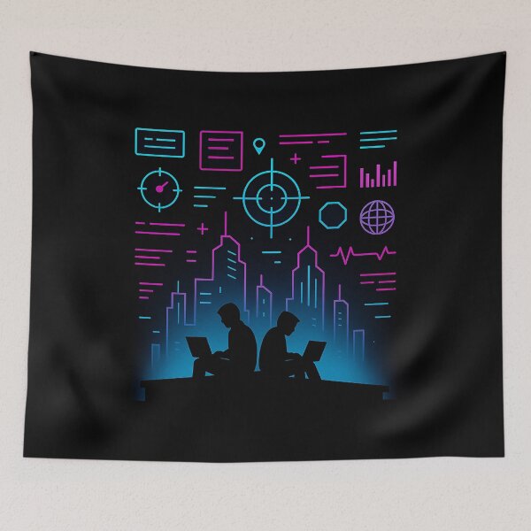 Item preview, Cyber City Coders – Neon Skyline Hackers Silhouette designed and sold by AddictiveDesign.