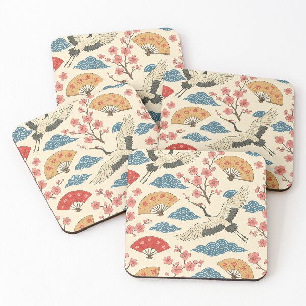 Item preview, Japanese Crane Pattern – Sakura Cherry Blossoms & Folding Fans designed and sold by elgreko.