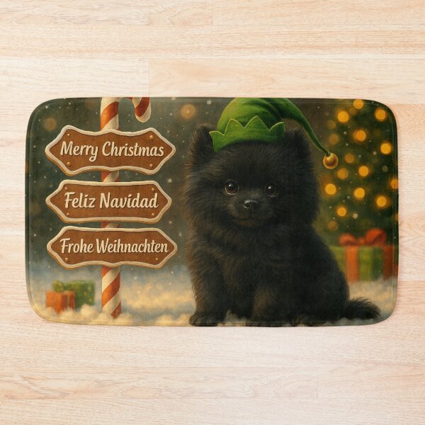 Item preview, Premium Black Pomeranian Christmas Puppy – Gingerbread Sign Holiday Scene designed and sold by GivingJoy.