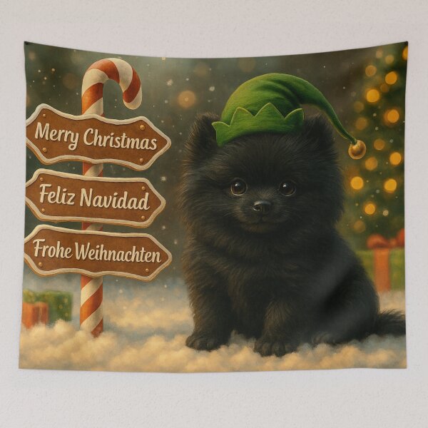 Item preview, Premium Black Pomeranian Christmas Puppy – Gingerbread Sign Holiday Scene designed and sold by GivingJoy.